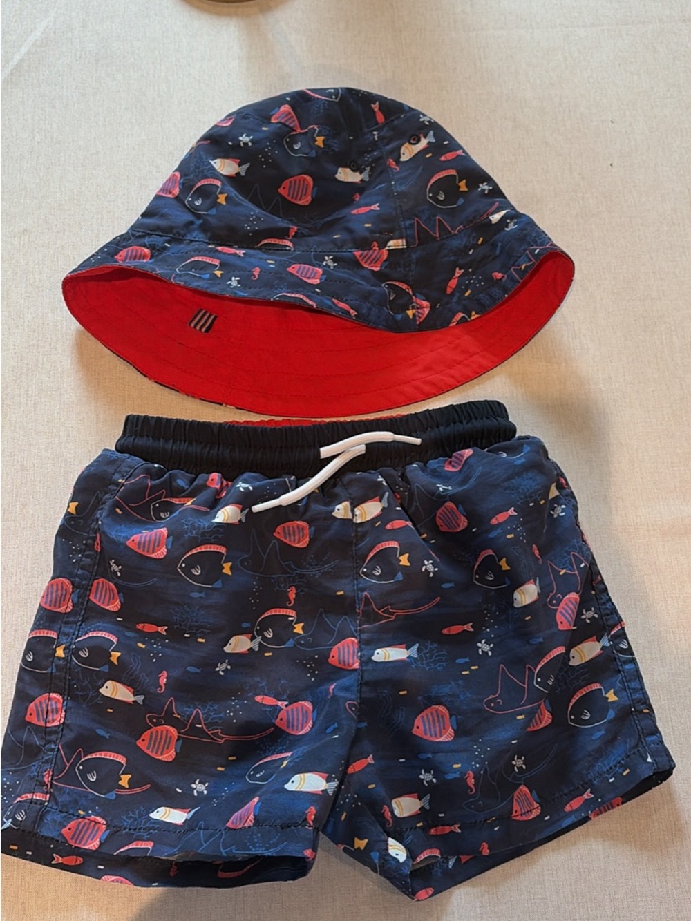 Navy & Red Kids Swim Set with Fish Print - Reversible Hat